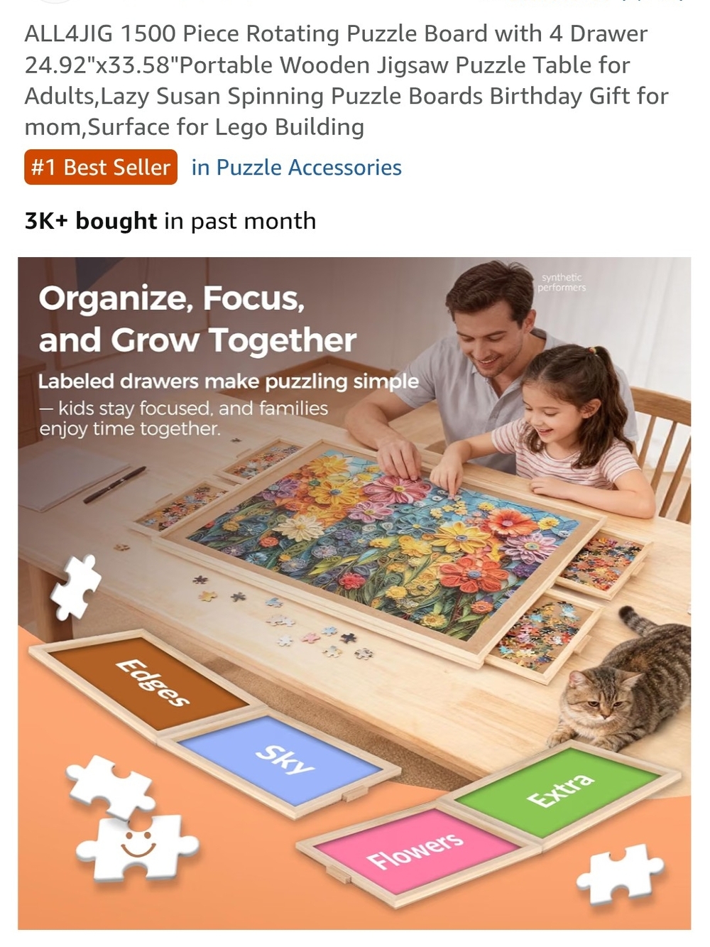 ALL4JIG Wooden Rotating Puzzle Board with Floral Top - Picture 2 of 3
